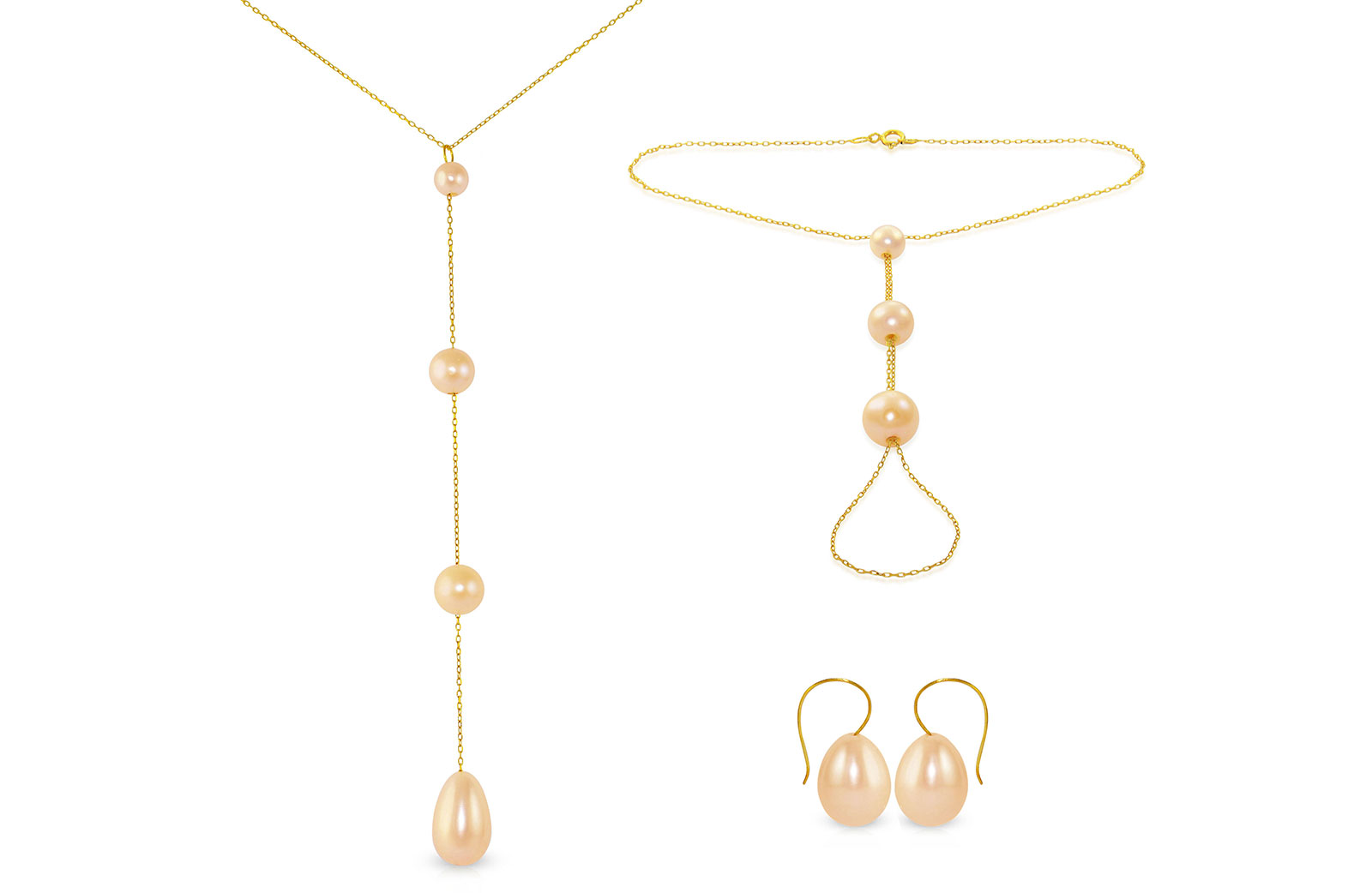 Vera Perla 10K Gold Gradual Built-in with Pink Drop Pearl Jewelry Set, 3 Pcs